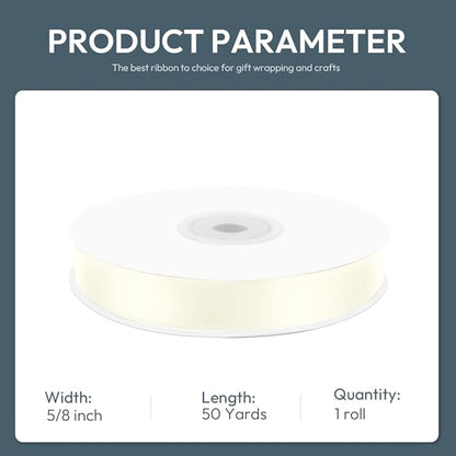 KMER LIFE 5/8" Wide x 50 Yards Ivory Single Faced Polyester Satin Ribbon - Perfect for Wedding Decor, Wreaths, Crafts, Gift Wrapping & Other Projects