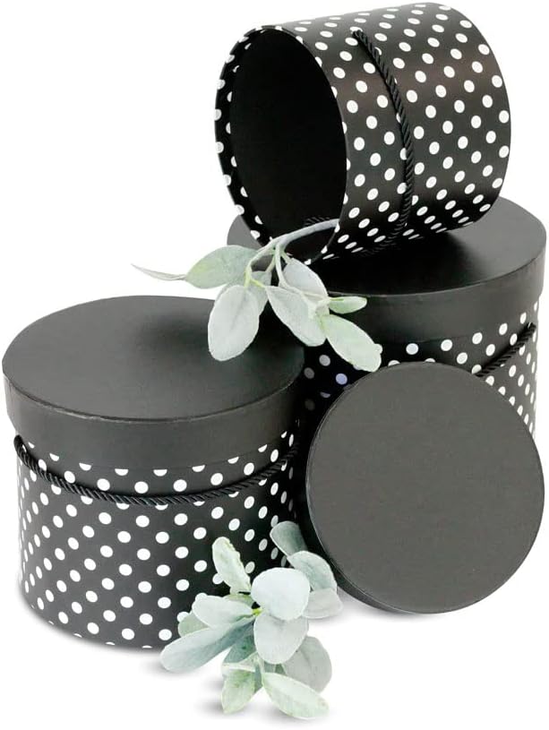 UNIKPACKAGING Premium Quality Round Flower Box, Gift Boxes for Luxury Flower and Gift Arrangements, Set of 3 pcs, with Lids, Size (S/M/L), Black White Dots