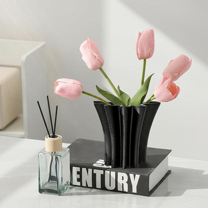 Contemporary Black Ceramic Vase, Abstract Irregular Shape Sculptural Accent for Home Decor, Modern Artistic Centerpiece for Coffee Table or Bookshelf