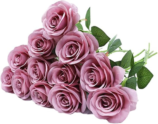 Artificial Rose Flower Artificial Flowers Flower with Long Stem Silk Roses Bouquet for Wedding Bridal Shower Party Home Decoration (Mauve, 12 Pcs)