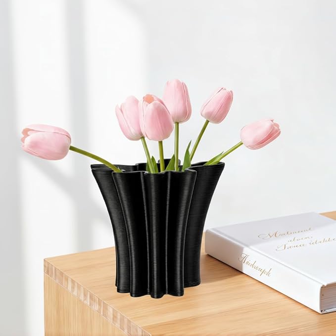 Contemporary Black Ceramic Vase, Abstract Irregular Shape Sculptural Accent for Home Decor, Modern Artistic Centerpiece for Coffee Table or Bookshelf