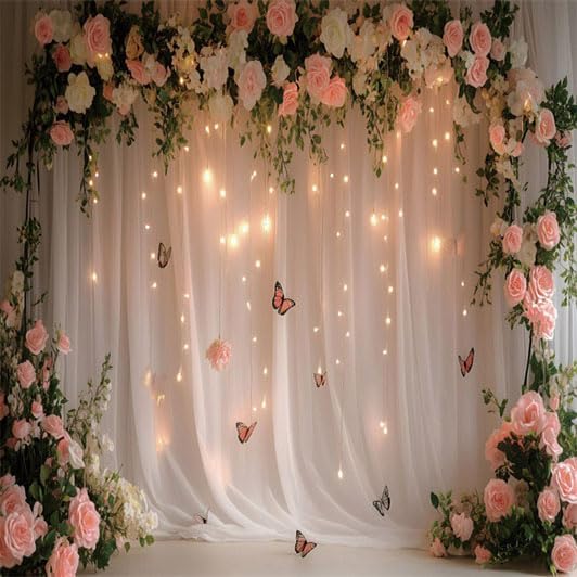 10x10ft Pink White Rose Flowers Wedding Backdrop White Curtain Glitter Light Butterfly Decoration Photography Background Children Baby Shower Birthday Party Backdrop for Video Studio Prop