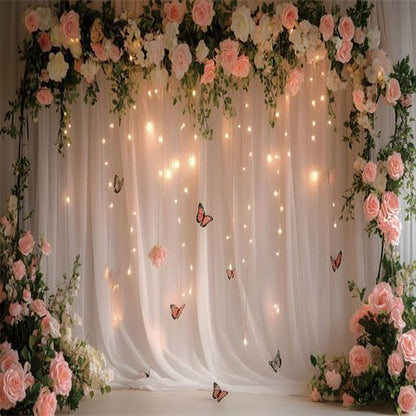 8x8ft Pink White Rose Flowers Wedding Backdrop White Curtain Glitter Light Butterfly Decoration Photography Background Children Baby Shower Birthday Party Backdrop for Video Studio Prop