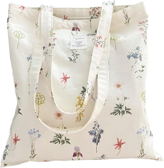 Cotton Canvas Tote Bag Reusable Soft Grocery Cloth Bag Floral Shoulder Bag for Beach Travel Shopping