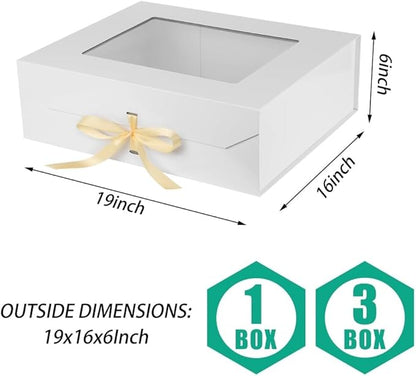 3 Pcs Extra Large White Gift Box White for Presents with Ribbon 19x16x6 Inches Clear Gift Box with Window Magnetic Closure Gift Boxes with Lids