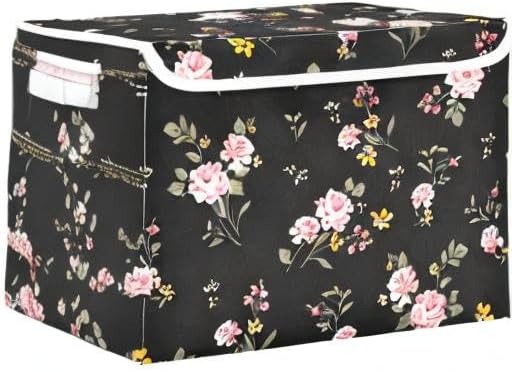Flower Baskets Collapsible Storage Bins with Lids, Purple Green Rose Flower Storage Boxes Clothes Baskets for Organizing