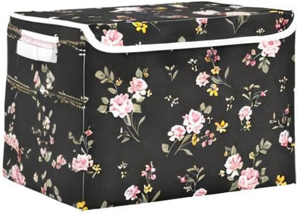 Flower Baskets Collapsible Storage Bins with Lids, Purple Green Rose Flower Storage Boxes Clothes Baskets for Organizing