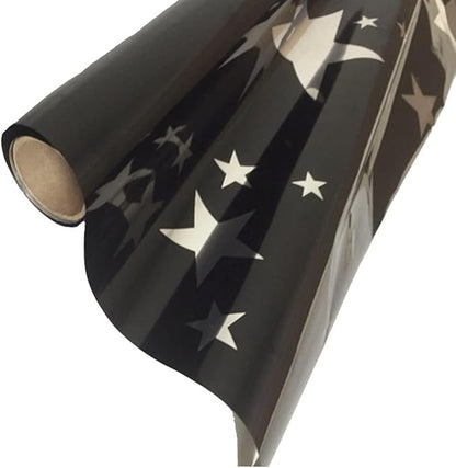 PMU Gift Wrap Mylar Roll Metallic Black with Silver Multi Stars 2-sided, 30 Inches X 25 Ft Roll 1.4 Mil Highly Reflective Mylar Film, Great for Gifts, Birthdays, Christmas, Baskets, Arts & Crafts