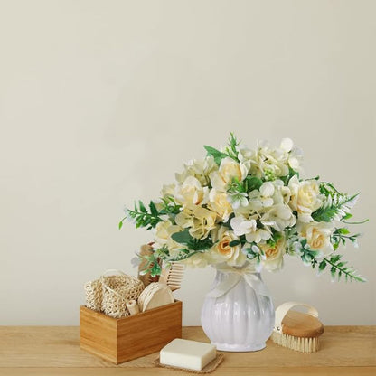 LESING Artificial Rose Silk Hydrangea Flowers Bouquets with Vase Rustic Fake Flowers for Home Decoration Table Centerpiece (Champagne)