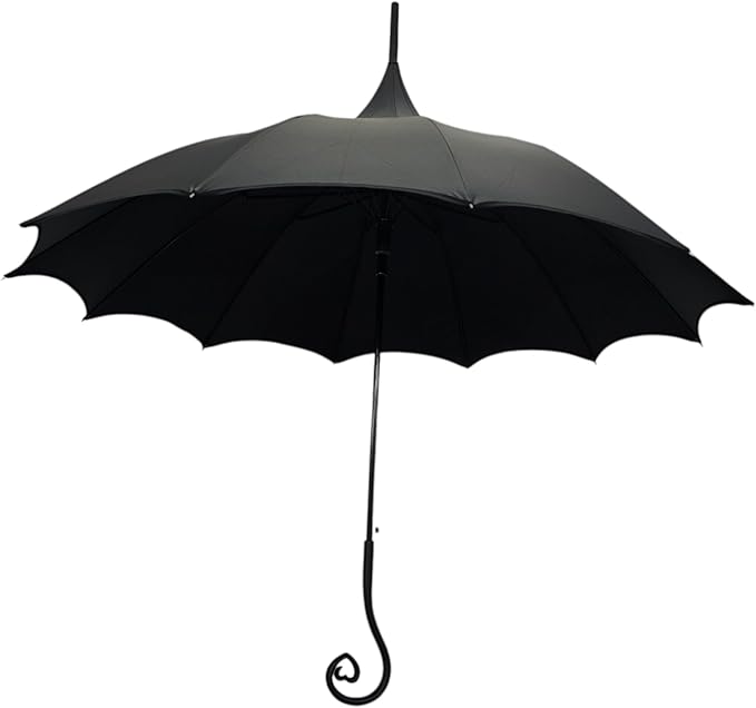 Dark Wing Auto Open Umbrella with Heart of Darkness Handle - Gothic Pagoda Top Design - 12 Rib Windproof Waterproof UV Protection - 41" Large Canopy