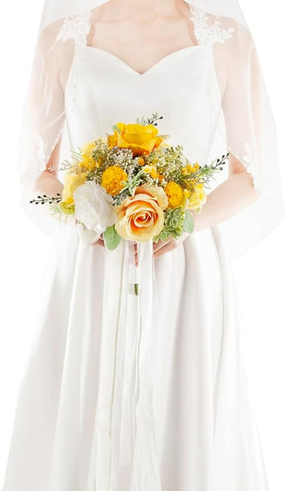 Yellow & White Wedding Bouquets for Bride Bridesmaids, Bridal Bouquet for Wedding Silk Artificial Flowers