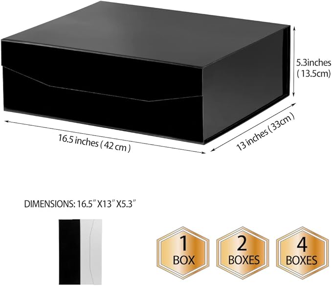 Black Extra Large Gift Box with Lid 4 Pcs 16.5 x 13 x 5.3 Inches, Gift Box large Black Gift Boxes for Presents Clothes Robe Wedding Dress Sweater,Reusable Foldable Bridesmaid Proposal Box（Glossy）