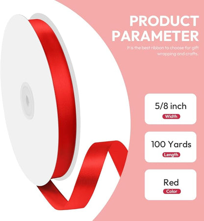 5/8" x 100 Yards Satin Ribbon - Red Silk Ribbon with Spool - Ideal for Gift Wrapping, Floral Bouquets, Crafts, Wedding Party Decorations, Christmas and Sewing Projects