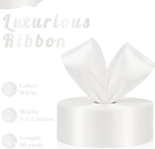 White Satin Ribbon 1-1/2 Inch, 60 Yards White Polyester Fabric Ribbon for Gift Wrapping Flower Bouquet Crafts Wedding Christmas Party