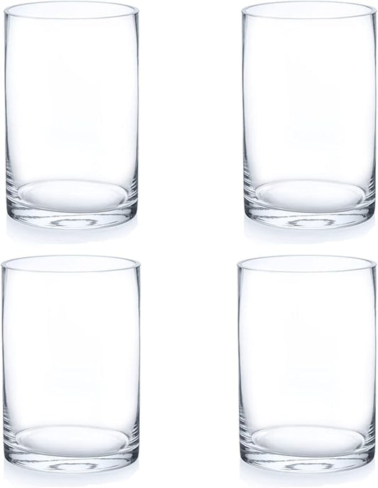 Enova Floral Set of 4 Clear Glass Cylinder Vase, 4W x 6H Inches Round Flowers Vase, Pillar Candle Floating Candle Holders Vase, Small Floral Glass Vase for Home Office Decor, Wedding Centerpiece