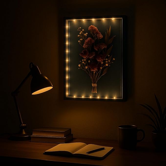 Dried Flowers Shadow Box with LED Light Dimmable Changeable Pictures Display Frame Wall-mounted & Tabletop Photo Album Display (Indigo)