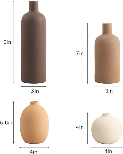 Ceramic Neutral Vase Set of 4 for Farmhouse Home Decor, Rustic Decorative Vases for Boho Living Room Centerpieces, Entryway Decorations, Coffee Table, Bookshelf, Fireplace Mantel