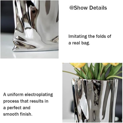 Ceramic Silver Flower Vase, Crinkle Paper Shape, Metal Decorative Home Accent (Large)