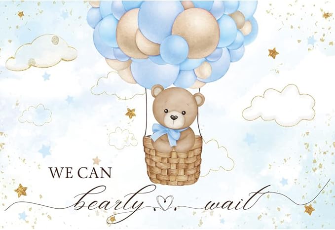 ChloropLastid We Can Bearly Wait Baby Photo Backdrop 8x6ft Baby Bear Blue Hot Air Balloon Background for Boys Balloons Clouds Stars Baby Shower Newborn Party Banner Decor Studio Prop Decor