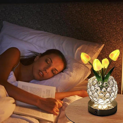 Cordless Tulip Flower Lamps, 3 Colors Touch Stepless Dimming Crystal Night Light, Rechargeable Artificial LED Flower with Vase Lamp Romantic Decor for Mothers Day,Xmas,Birthday (OG)