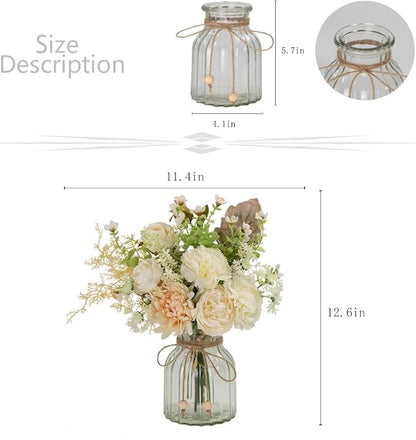 LESING Fake Artificial Flowers with Vase Faux Silk Flower Bouquet in Glass Vase Rose Floral Arrangements Flower for Home Office Decoration, Dining Table Centerpiece (White)
