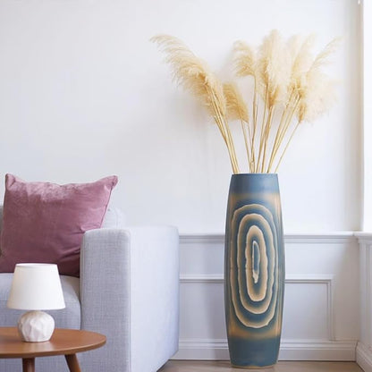 Tall Blue Floor Vase 31 inches, Handmade Large Ceramic Vases for Home Decor Living Room, Imitation Wood Grain Decorative Vases Wide Mouth Opening Corner Vase for Pampas Grass