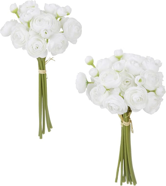 IPOPU Ranunculus Artificial Flowers 2 Bouquets Small White Flowers 12PCS Faux Ranunculus Flowers White for Vase Filler Bouquet Wedding Decor Bridal Shower Floral Filler Flowers Centerpieces (White)