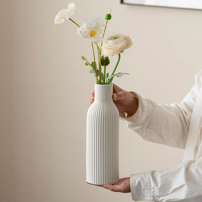 Modern Ceramic Vases Set of 3, White Ribbed Decorative Vases, Shelf Table Centerpiece for Home Decor (White)