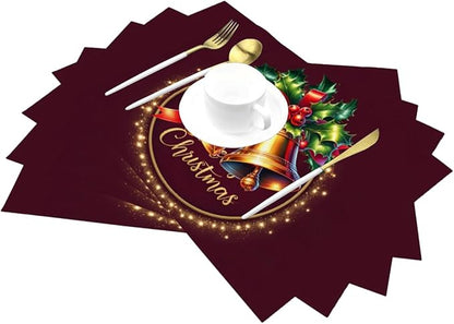 PVC Placemats Set of 6 Wipeable Table Mats Washable Heat Resistant Non Slip Vinyl Dining Table Mat for Kitchen Indoor Outdoor Patio Farmhouse Place Mats Christmas Bell Red Decorative
