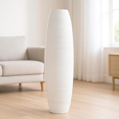 Leewadee Large 34″ Tall Floor Vase, White - Handcrafted Mango Wood for Pampas & Dried Stems