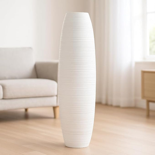 Leewadee Large 34″ Tall Floor Vase, White - Handcrafted Mango Wood for Pampas & Dried Stems