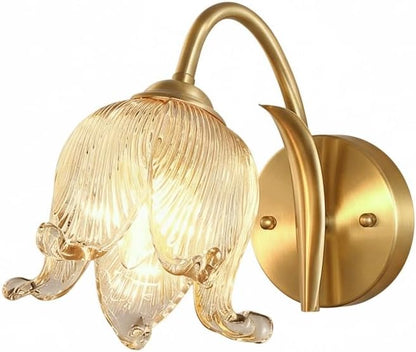 Luxury Floral Brass Wall Sconce Lighting, Modern Lily Flower Art Glass Shade Light Fixture, Brushed Gold Finish Copper Accent Lamp Wall Light for Bedroom, Living Room, Dining Room Decor