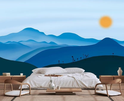 Hand-Painted Mountains and Sun Nature Landscape Mural, Large Art Background Wallpaper for Bedroom, Living Room, Bath Room(Non-self-Adhesive)