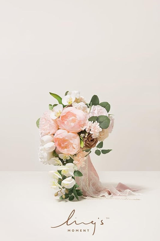 Ling's moment Blush Bridal Bouquet Cascading, Pink Wedding Bouquets for Bride, 13 Inch Bride Bouquets for Wedding Artificial Flowers Bouquets