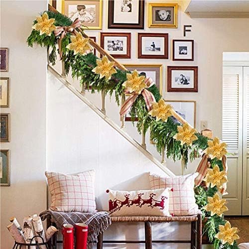 Zhuqing 15Pcs Christmas Poinsettia Artificial Flowers Decorations, Glitter Poinsettia Christmas Tree Ornaments, Gold Tree Flowers for Xmas/Wedding/Holiday/Wreath/Garland Decor, with Cilps, 5.5 Inch