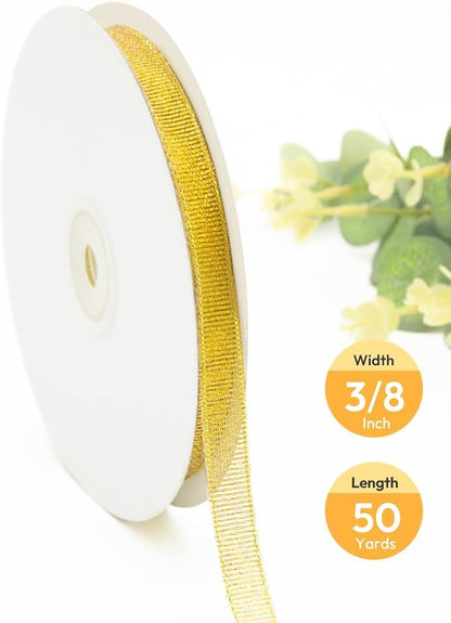 KMER LIFE 3/8 inch x 50 Yards Glitter Gold Ribbon, Sparkly Metallic Fabric Ribbons for Gifts Wrapping, Sewing, Party Decoration and DIY Crafts