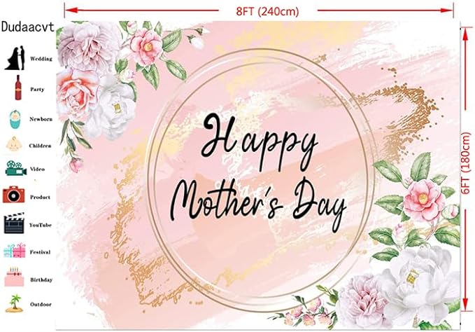 Dudaacvt 8x6ft Happy Mother's Day Backdrop Love Heart Photography Background Floral Mothers Day Birthday Photography Background for Mother's Day Photo Booth Props