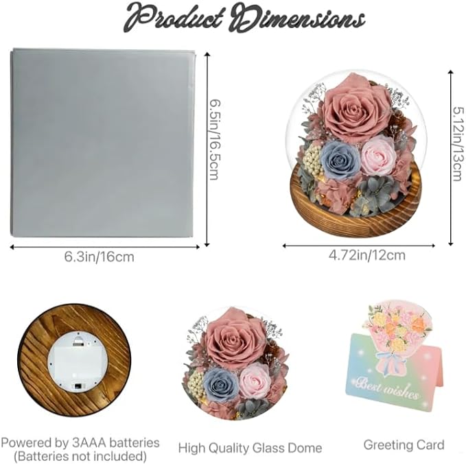 Large Preserved Flowers with Card-Flowers for Delivery Prime,Eternal Rose with Lights,Roses in Glass Dome,Romantic Gift for Her,Decoration, Fresh Rose Flowers for Mom, Birthday, Anniversary(Pink Blue)