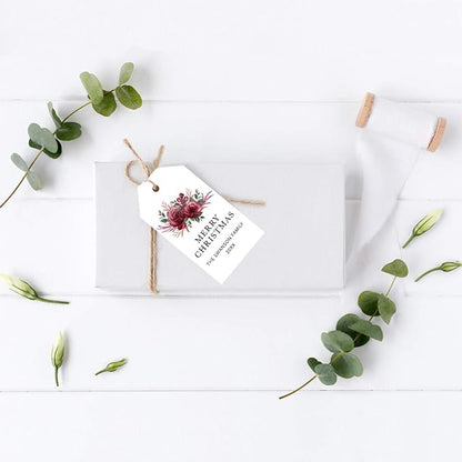 Andaz Press Personalized Christmas Holiday Season Classic Gift Tags, Merry Christmas Custom Family Name and Year, Burgundy Floral Roses Design, for Holiday Events, Parties, and Favors, 60-Pack