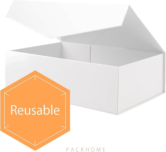 PACKHOME 6 Large Gift Boxes with Lids 13.5x9x4.1 Inches, Sturdy Collapsible Gift Boxes with Magnetic Closure (Glossy White)