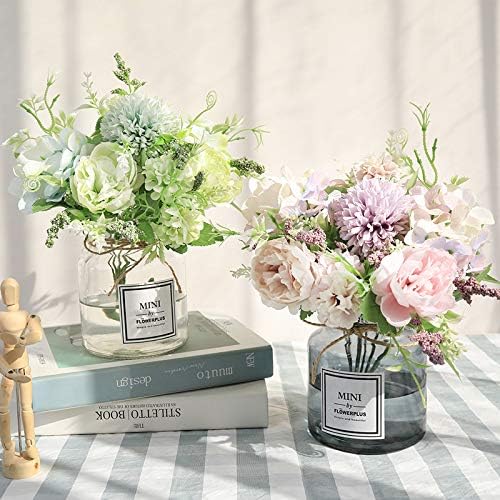 Nubry 3pcs Artificial Flowers Bouquet Fake Peony Silk Hydrangea Faux Roses Wildflowers Arrangements with Stems for Wedding Home Centerpieces DIY Decor (Light Green)