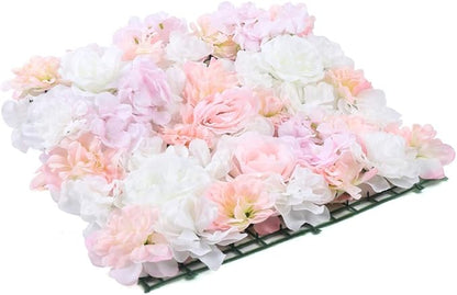 16"x 24" Artificial Flower Wall Panels,Flower Wall Mat Silk Flower Panels for Outdoor Garden Backyard Fence Fence Privacy Screen and Indoor Wall Decor(20Pcs Champagne+Light Pink+White)