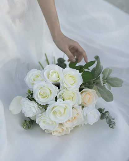 LFF 10pcs Silk Roses Artificial Flowers Fake Long Stem Roses for DIY Wedding Bouquet Home Decoration (Ivory)