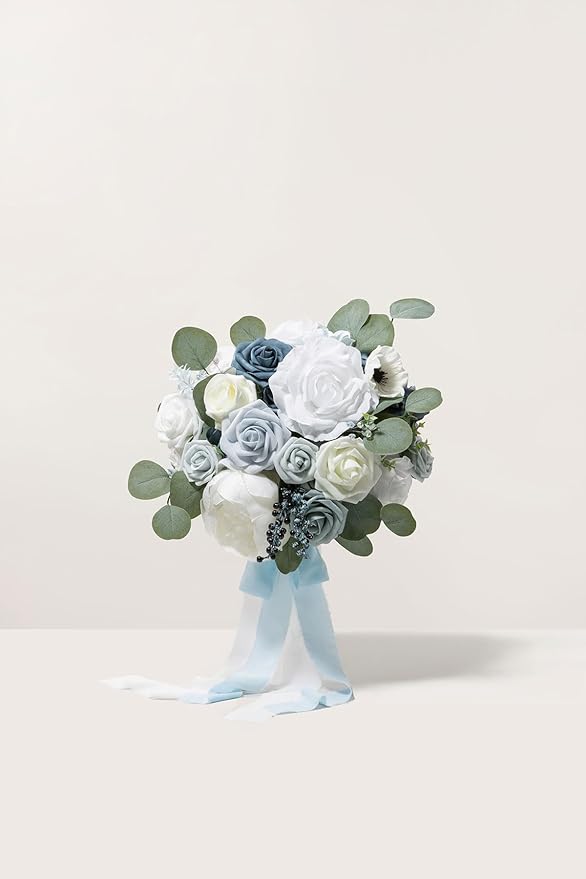 Ling's moment Dusty Blue Bridal Bouquet for Bride, Blue Wedding Bouquets for Bride, 13 Inch Silk Round Artificial Wedding Flowers Bouquets