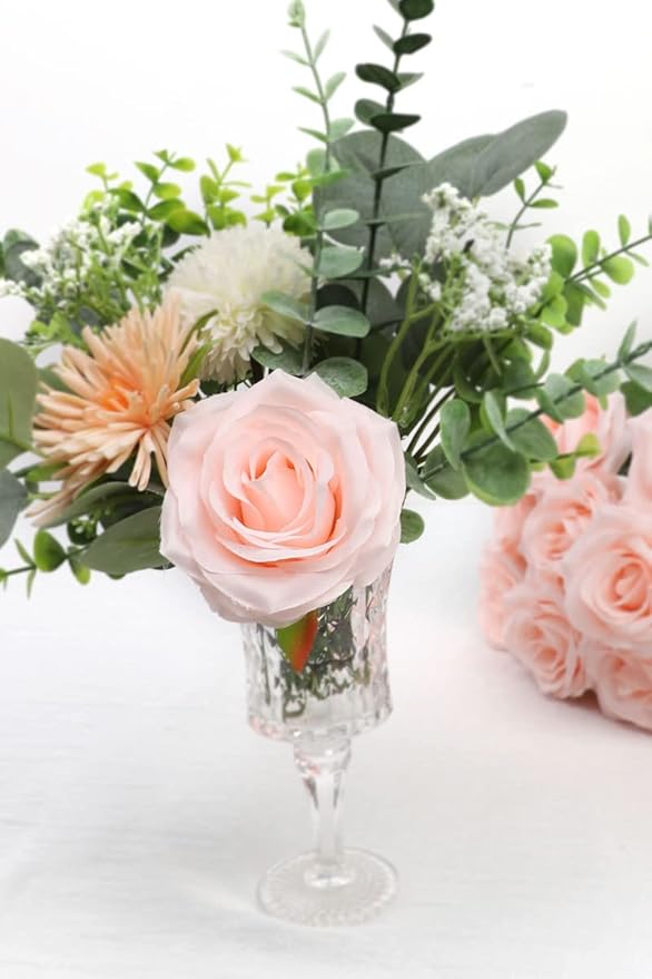 Artificial Rose Flower Blush Flowers Pink Roses Silk Flowers 12 pcs with Long Stem Silk Roses Bouquet for Wedding Bridal Shower Party Home Decoration