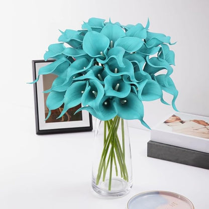 24 Pcs Teal Flowers Artificial Calla Lily Flower Fake Teal Silk Flowers Real Touch for Wedding Bouquet Home Kitchen Decor