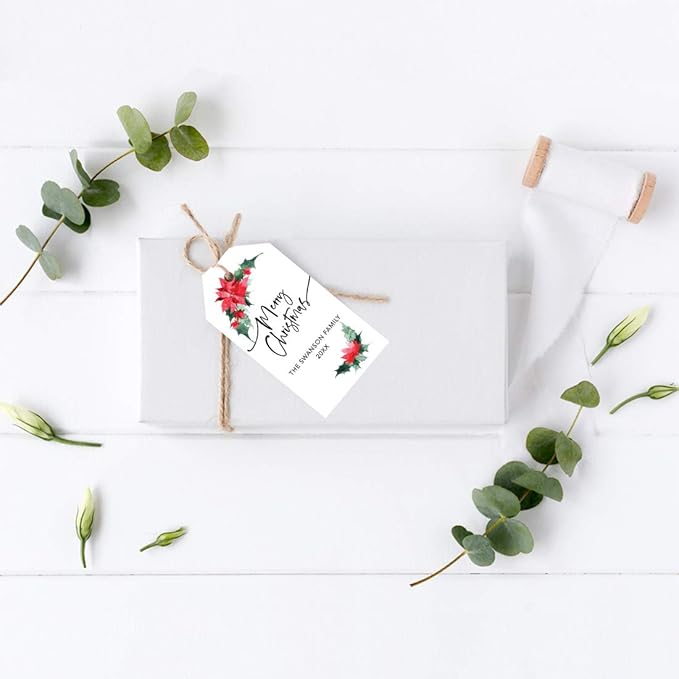 Andaz Press Personalized Christmas Holiday Season Classic Gift Tags, Merry Christmas Custom Family Name and Year, Poinsettia Design, for Holiday Events, Parties, and Favors, 60-Pack