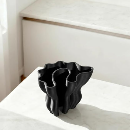 Contemporary Black Ceramic Vase, Abstract Irregular Shape Sculptural Accent for Home Decor, Modern Artistic Centerpiece for Coffee Table or Bookshelf
