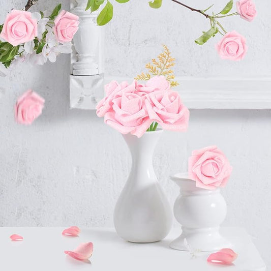 IPOPU Artificial Roses,50PCS Pink Glitter Roses Bouquet Glitter Flowers for Crafts DIY Wedding Bouquet Home Party Decoration(Pink)