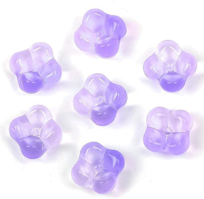 100PCS Glass Flower Beads for Jewelry Making 4 Petal Flower Bead Caps Gradient Cute Floral Beads Aesthetic Charms for Necklace Bracelets Earrings DIY Craft Home Decoration-Purple